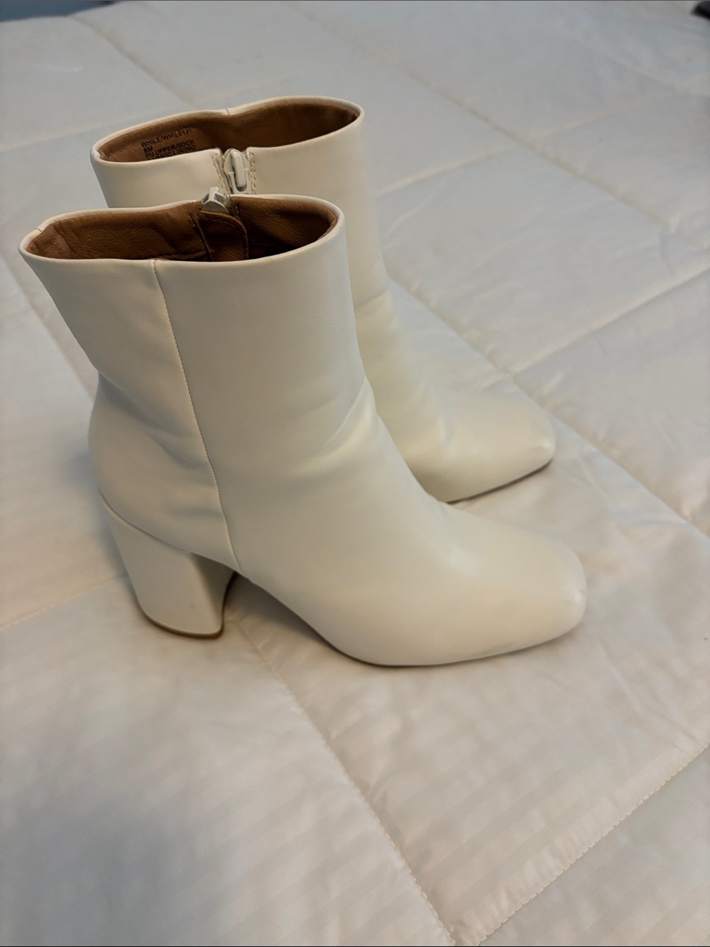 Madden Girl White Rounded Toe Ankle Booties with Block Heel and Side Zip